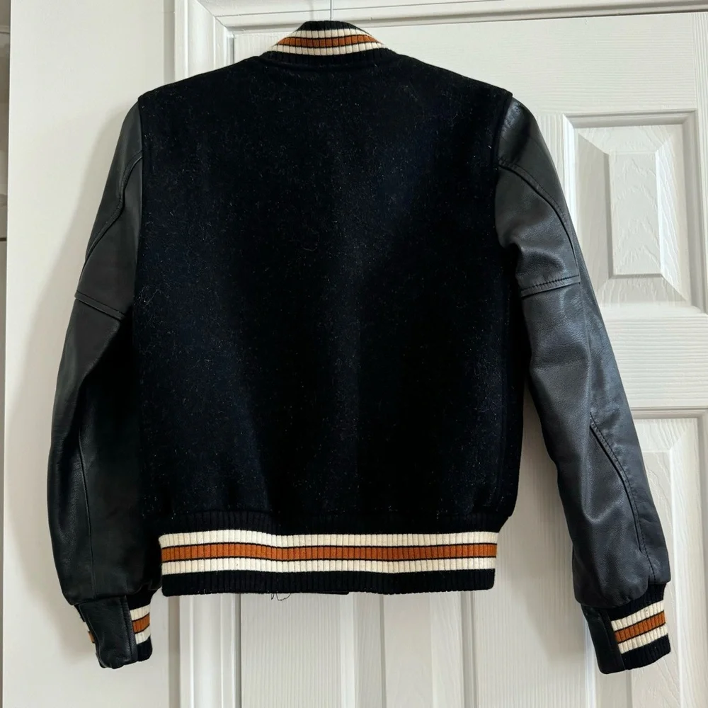 COACH Black Wool & Leather Patch Jacket, Stadium Style,Size XS